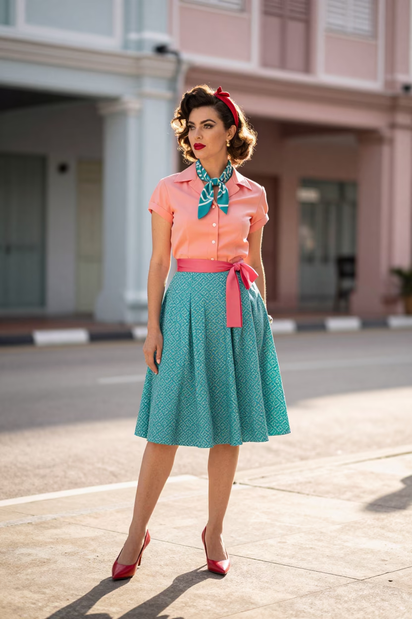 Colorful 1950s Style High Fashion Portrait in George Town Malaysia Early Afternoon Street Scene in in George Town, Malaysia
