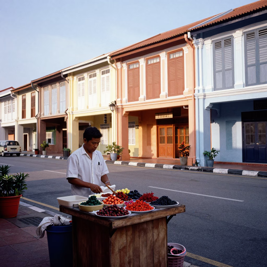 Colorful 1950s Style Street Scene in George Town Malaysia Early Morning in in George Town, Malaysia
