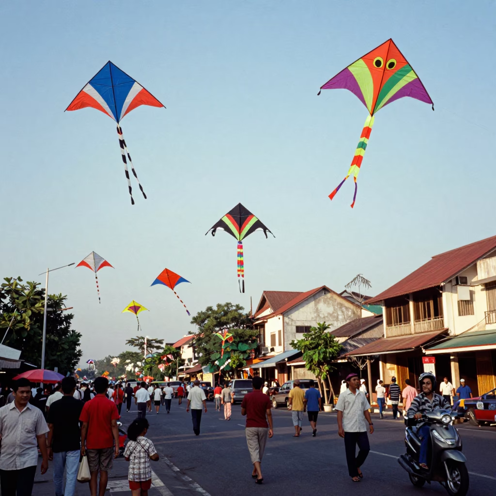 Colorful 1950s Surabaya Street Scene with Vintage Kites and Traditional Architecture in in Surabaya, Indonesia