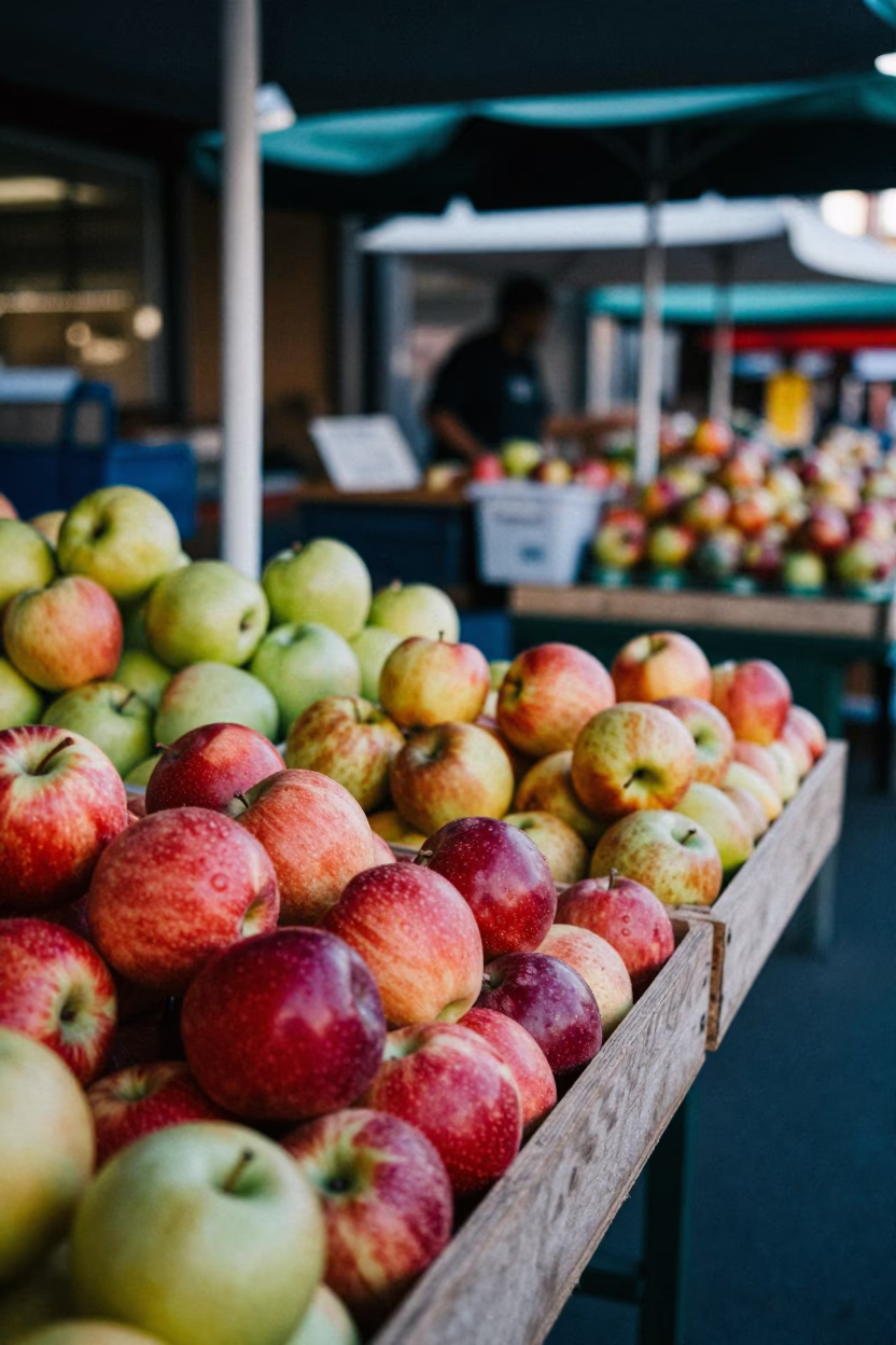 Colorful 1950s Sydney Morning Market Stall with Apples and Iron Hook in in Sydney, New South Wales, Australia