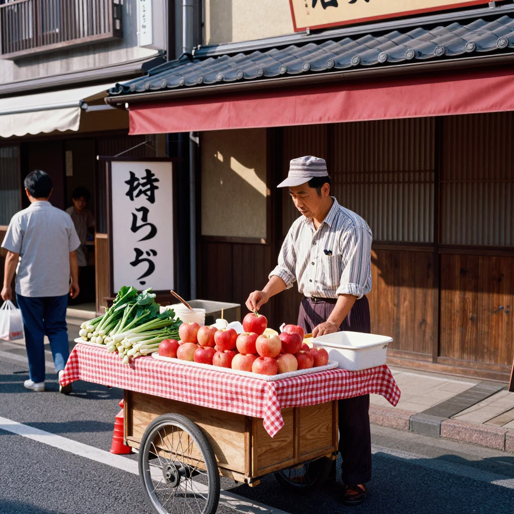 Colorful 1950s Tokyo Street Scene with Vendor and Traditional Architecture in in Tokyo, Japan