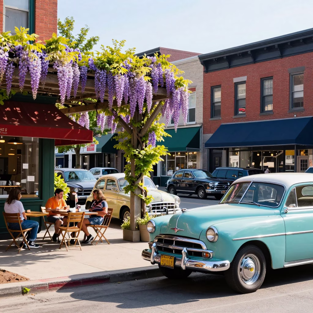 Colorful 1950s Toronto Street Scene with Wisteria Pergola and Vintage Automobile in in Toronto, Ontario, Canada