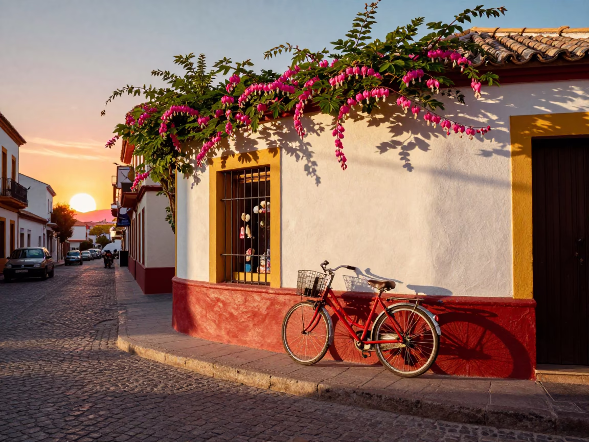 Colorful 1950s Valencia Street Scene with Bleeding Heart Vine and Bicycle at Sunset in in Valencia, Spain