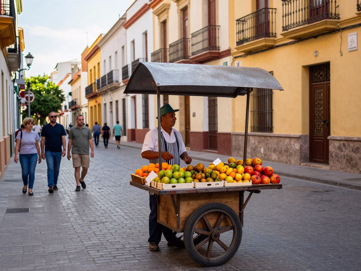 Colorful 1950s Valencia Street Scene with Hammered Metal and Local Market Activity in in Valencia, Spain