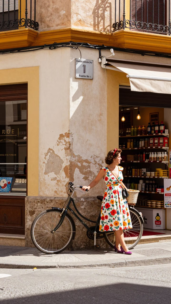 Colorful 1950s Valencia Street Scene with Vintage Bicycle and Shopkeeper in in Valencia, Spain