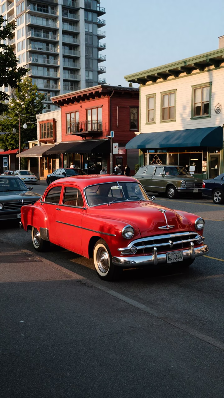 Colorful 1950s Vancouver Street Scene with Vintage Cars and Brick Architecture in in Vancouver, British Columbia, Canada