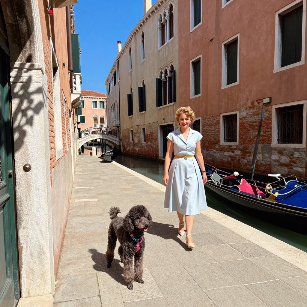 Colorful 1950s Venice Street Scene with Poodle and Antique Compass Decor in in Venice, Italy