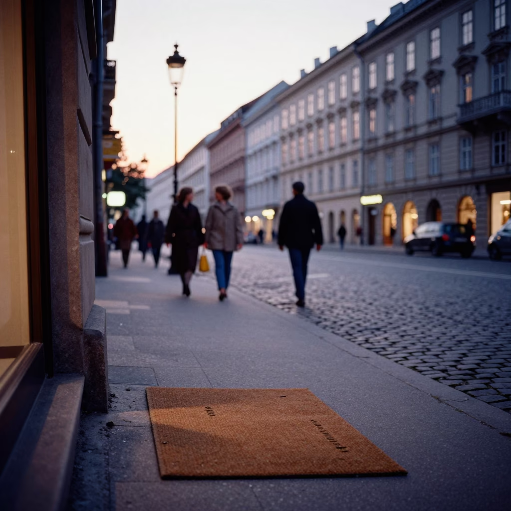 Colorful 1950s Vienna Street Scene at Dawn with Doormat and Recorder in in Vienna, Austria