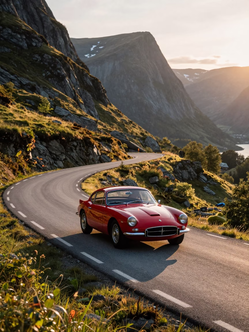 Colorful 1950s Vintage Red Sports Car Paved Mountain Road Bergen Norway Sunrise in in Bergen, Norway