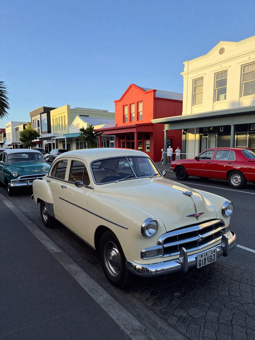 Colorful 1950s Wellington Street Scene with Vintage Cars and Pedestrians in Late Afternoon Light in in Wellington, New Zealand