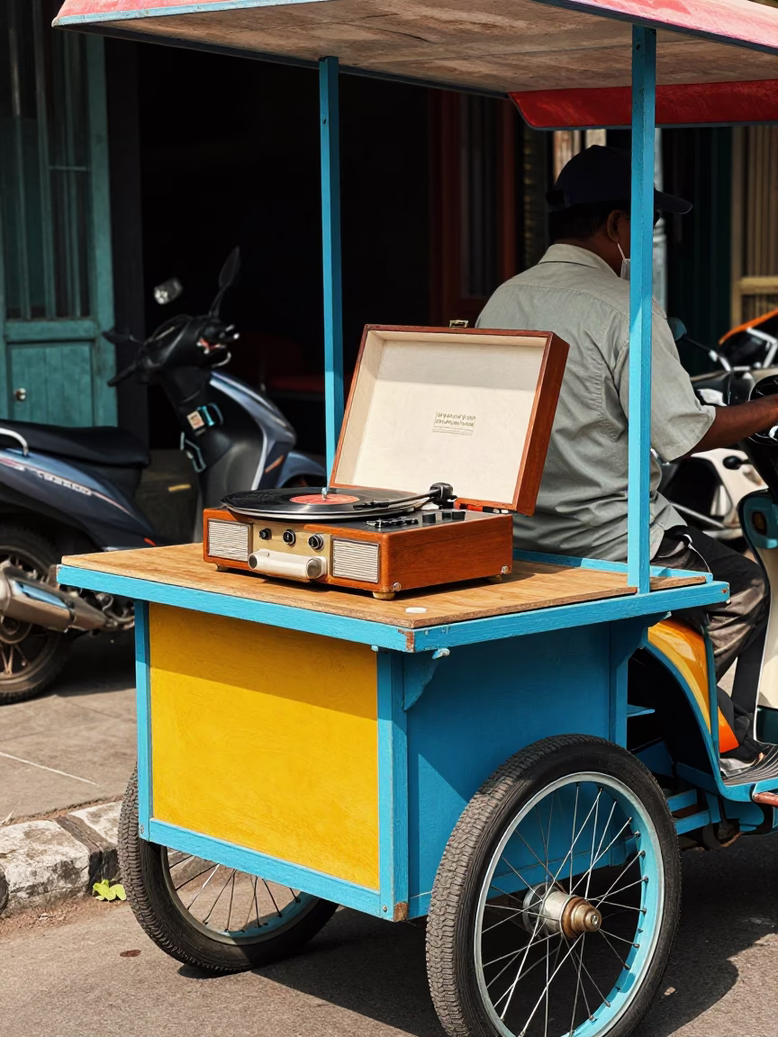 Colorful 1950s Yogyakarta Street Scene with Vintage Record Player and Local Interaction in in Yogyakarta, Indonesia