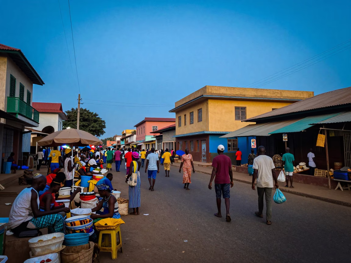 Colorful 1960s Accra Street Scene at Nautical Dawn with Local Market Activity in in Accra, Ghana