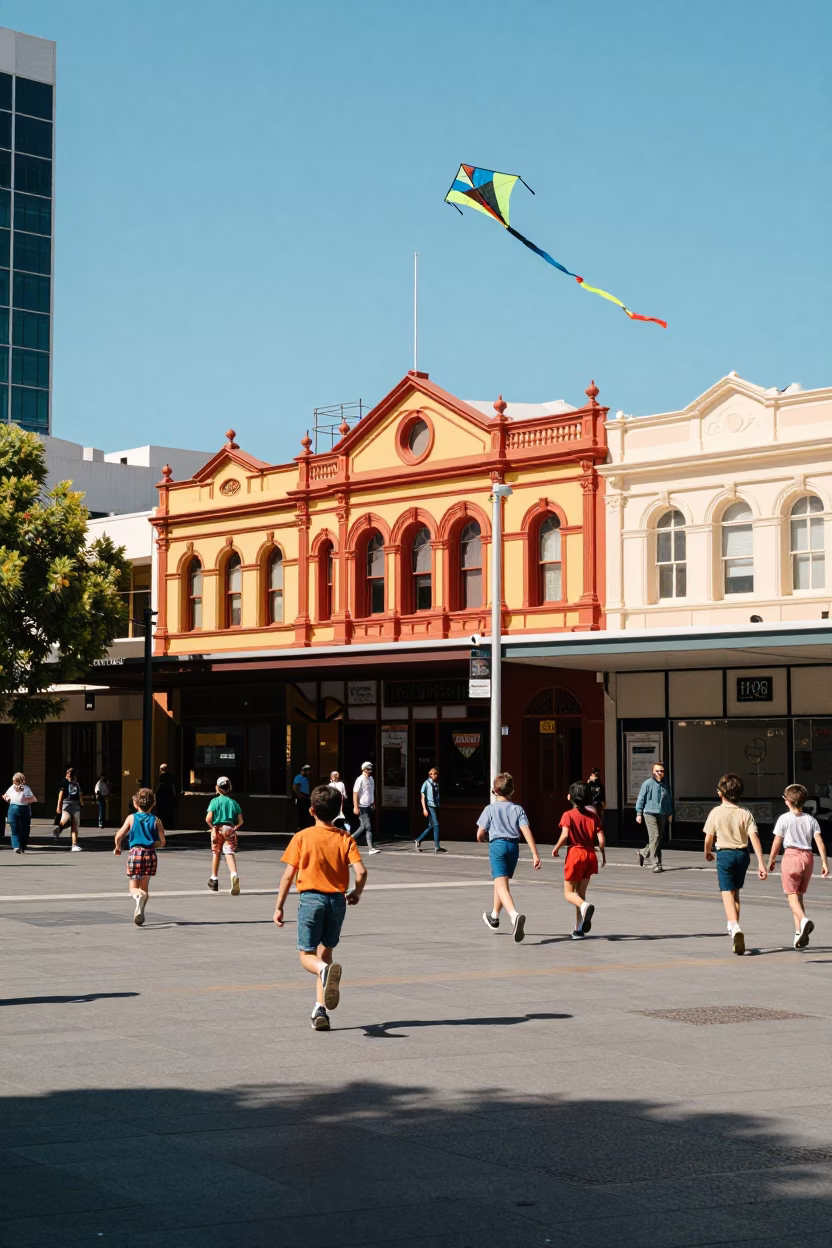 Colorful 1960s Adelaide street scene with kites and vibrant summer day in in Adelaide, South Australia, Australia