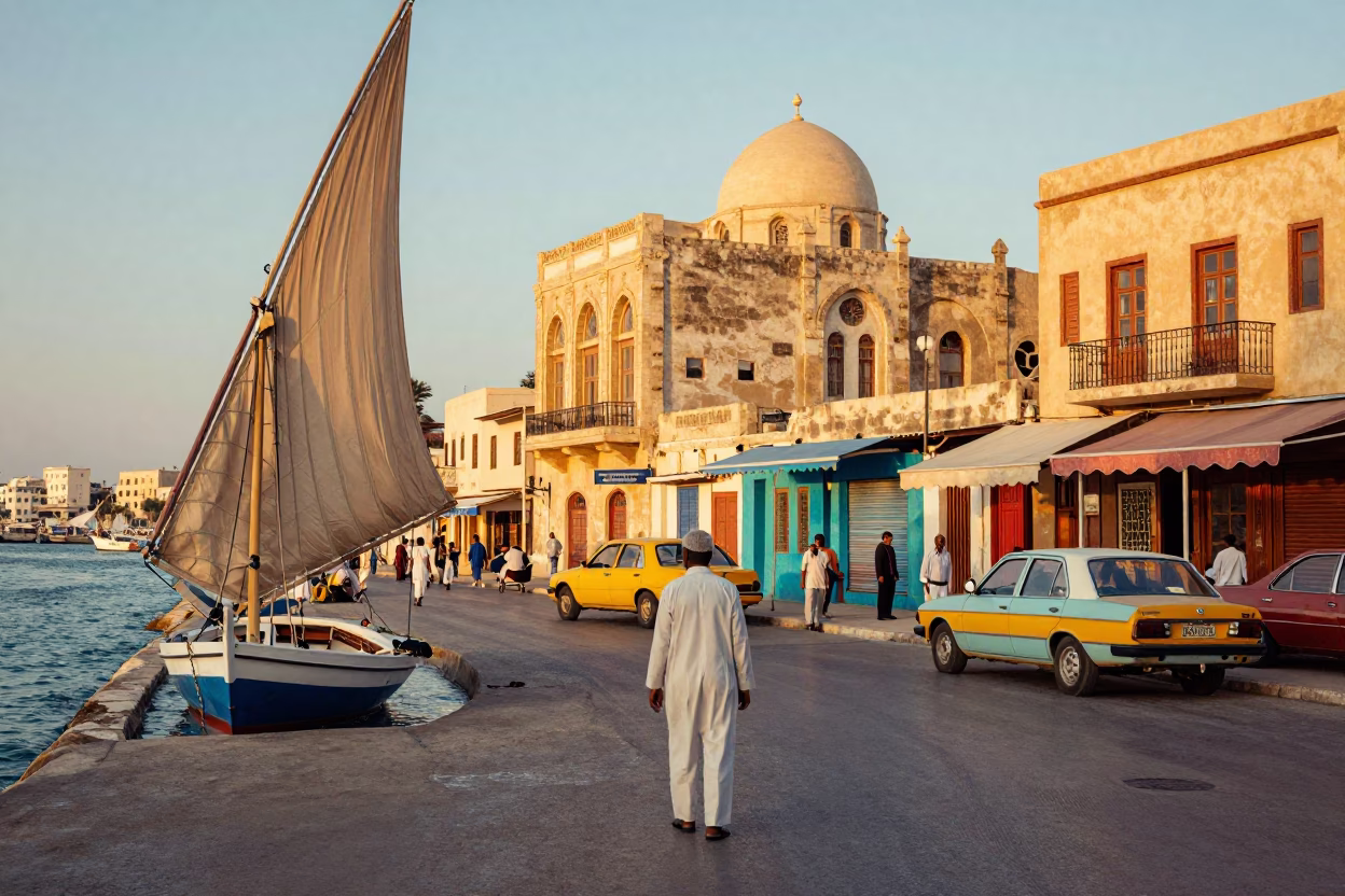 Colorful 1960s Alexandria Egypt street scene with sailboat and historic architecture in in Alexandria, Egypt
