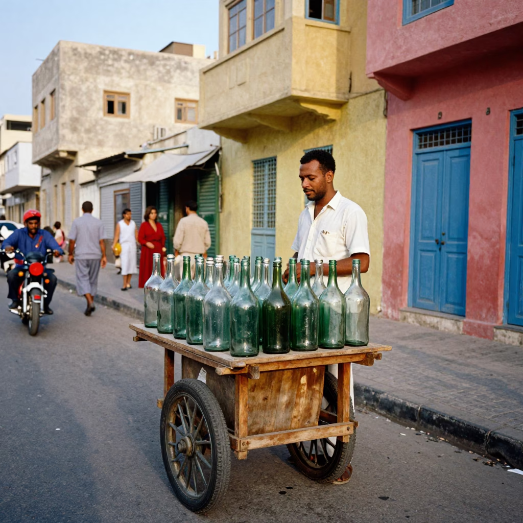 Colorful 1960s Alexandria Street Scene with Glass Bottles and Daily Life in in Alexandria, Egypt