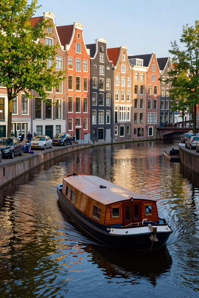 Colorful 1960s Amsterdam Canal Scene with Barge Navigating Bend Under First Light in in Amsterdam, Netherlands