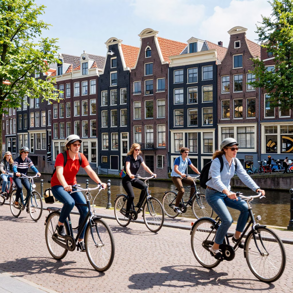 Colorful 1960s Amsterdam Street Scene with Cyclists and Canal Houses in Bright Midmorning Light in in Amsterdam, Netherlands