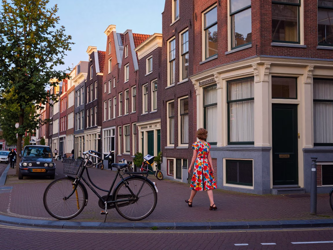 Colorful 1960s Amsterdam Street Scene with Vintage Bicycle and Canal House Facades in in Amsterdam, Netherlands