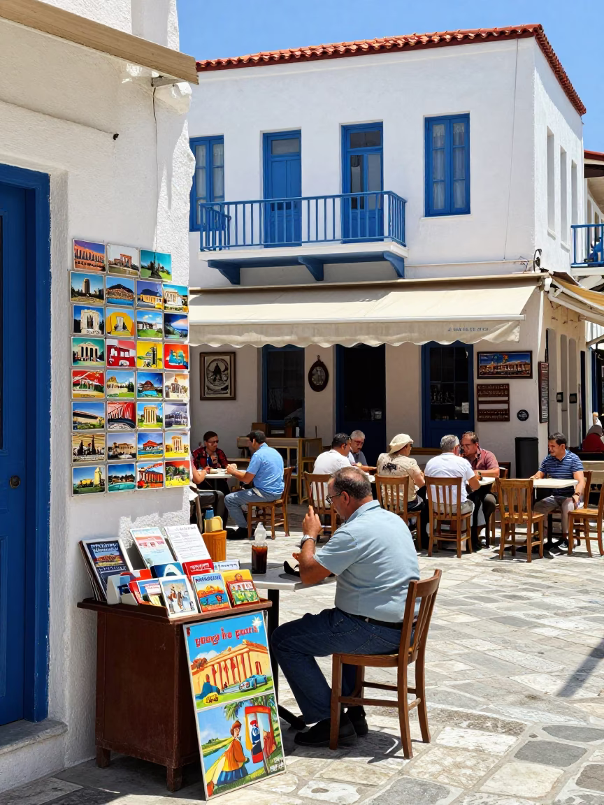 Colorful 1960s Athens Street Scene with Tourist Postcards and Traditional Greek Café in in Athens, Greece