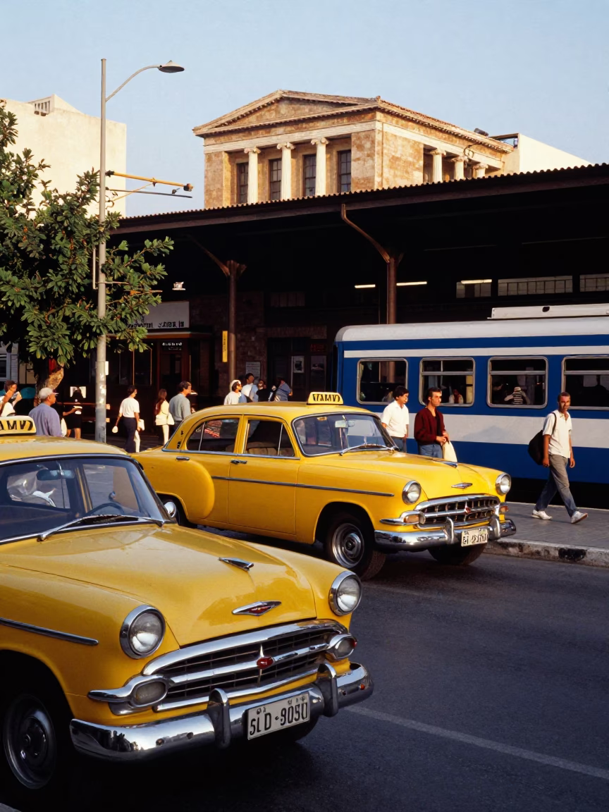 Colorful 1960s Athens Street Scene with Vintage Taxi and Majolica Details in in Athens, Greece