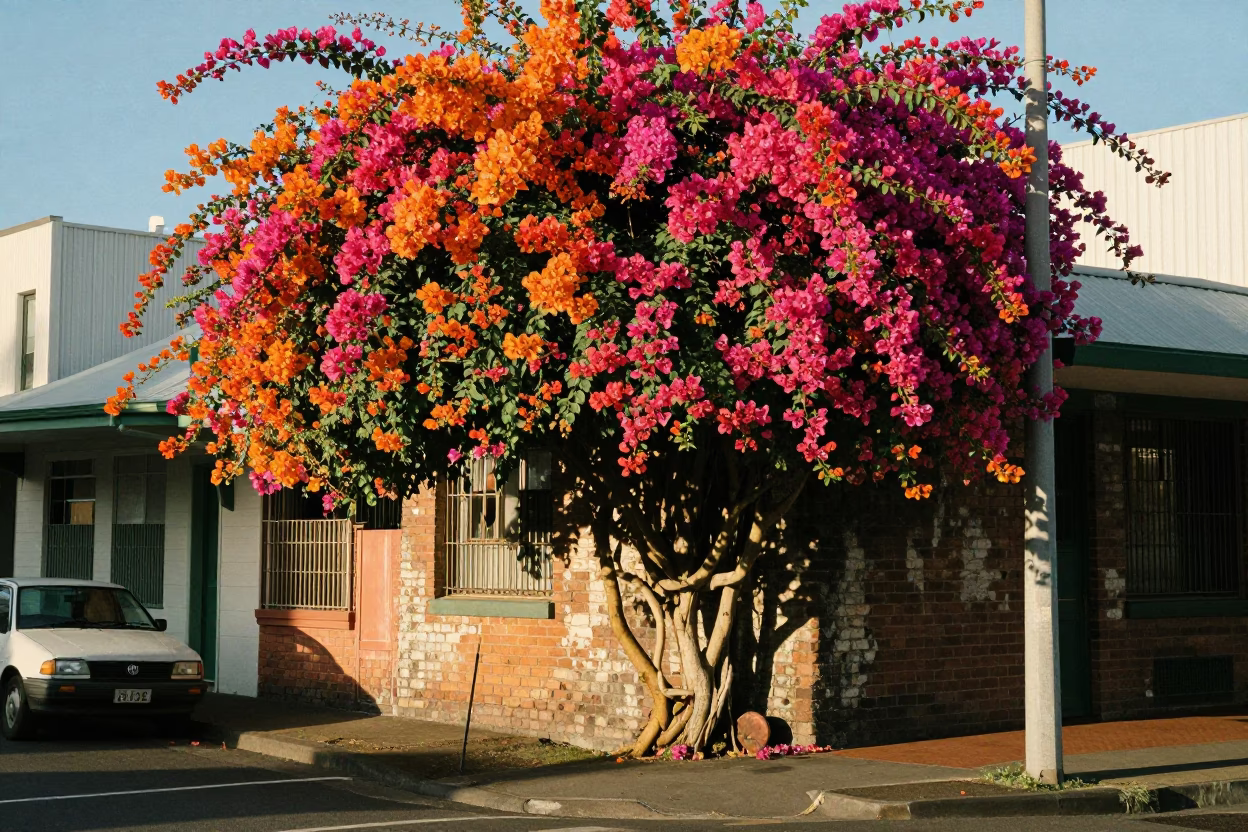 Colorful 1960s Auckland Street Scene with Vibrant Bougainvillea and Vintage Cars in in Auckland, New Zealand
