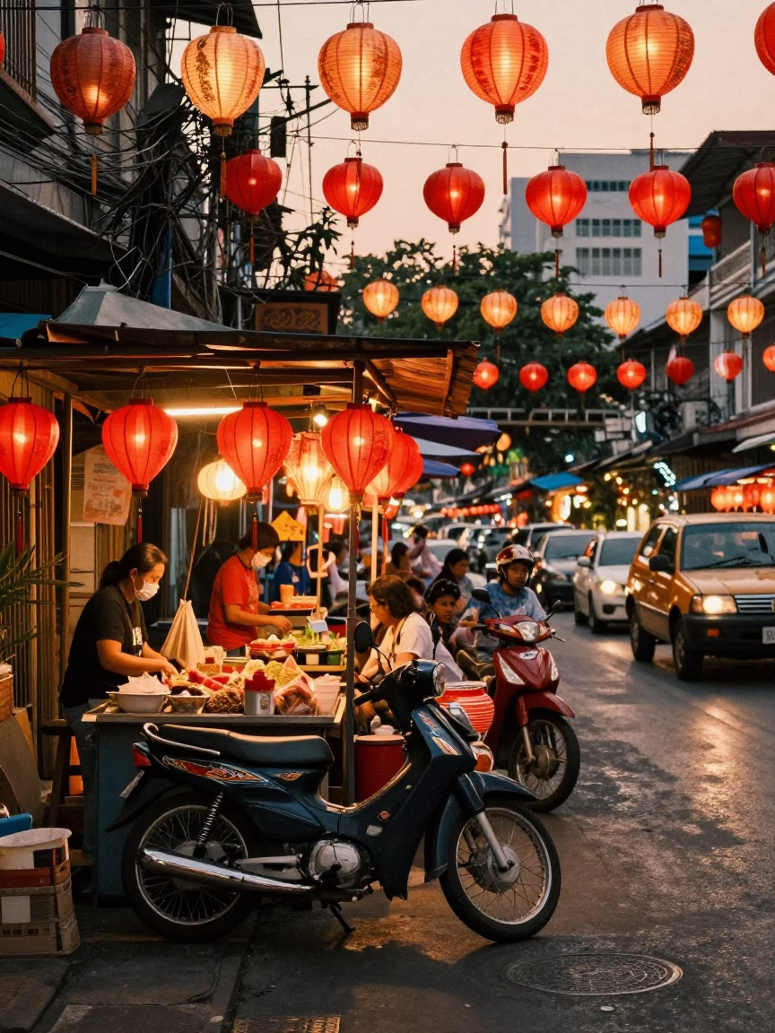 Colorful 1960s Bangkok Street Scene with Paper Lanterns and Vintage Motorcycle Before Dusk in in Bangkok, Thailand