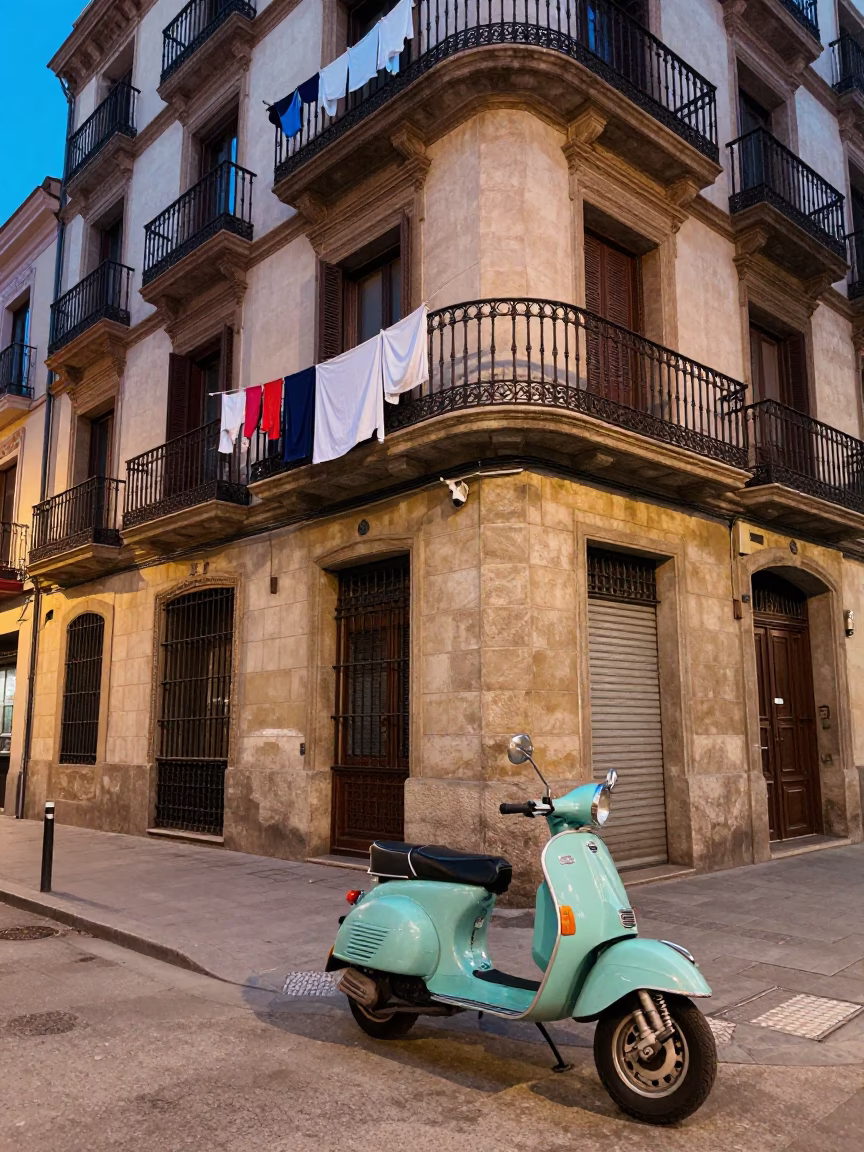 Colorful 1960s Barcelona Evening Street Scene with Vintage Details in in Barcelona, Spain