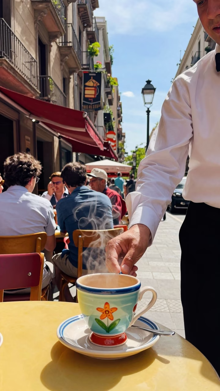 Colorful 1960s Barcelona Street Scene with Ceramic Cup and Patterned Rug in in Barcelona, Spain
