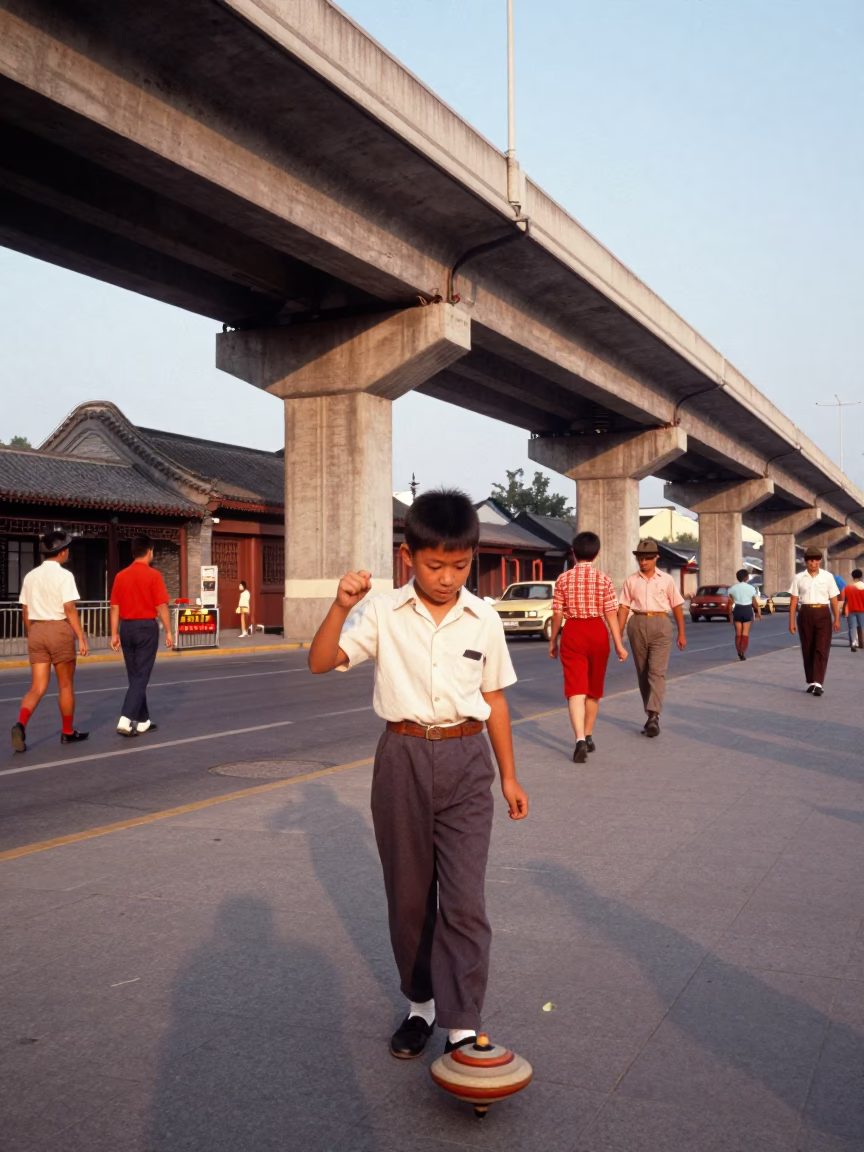 Colorful 1960s Beijing Street Scene with Concrete Viaduct and Spinning Top Play in in Beijing, China