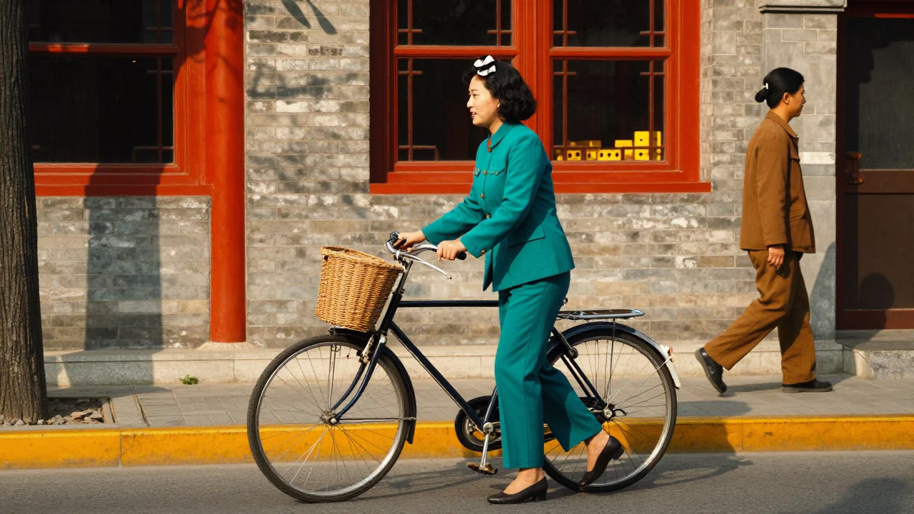 Colorful 1960s Beijing Street Scene with Vintage Bicycle and Traditional Architecture in in Beijing, China