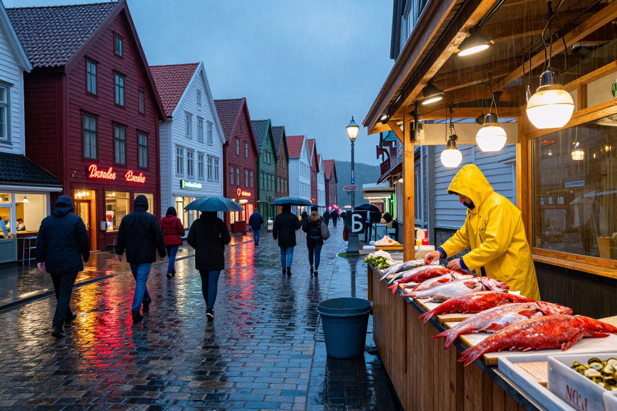 Colorful 1960s Bergen Dusk Street Scene with Rain and Umbrellas in in Bergen, Norway