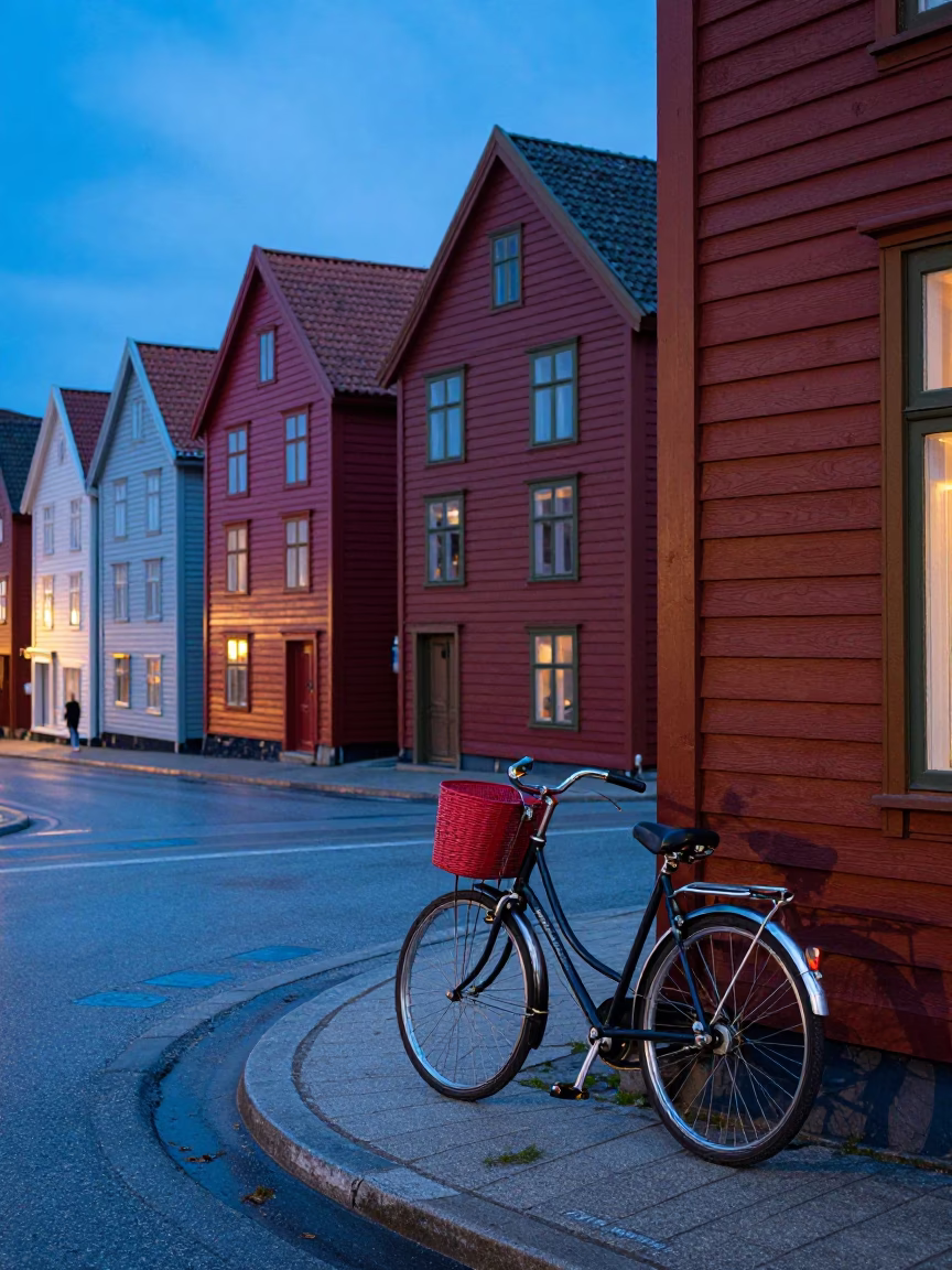 Colorful 1960s Bergen Norway Evening Street Scene with Vintage Bicycle and Cobblestone Alley in in Bergen, Norway