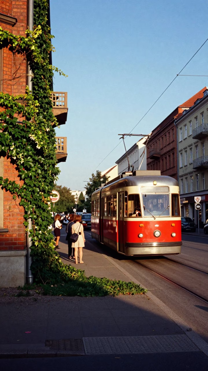 Colorful 1960s Berlin Street Scene with Vintage Funicular and Ivy Vines in in Berlin, Germany