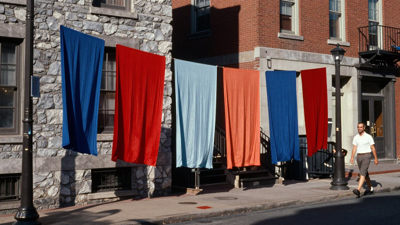 Colorful 1960s Boston Street Scene with Hanging Silk Dye Fabrics and Urban Life in in Boston, Massachusetts, United States