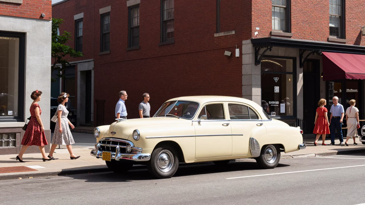 Colorful 1960s Boston Street Scene with Vintage Sedan and Pedestrians in Bright Midmorning Light in in Boston, Massachusetts, United States