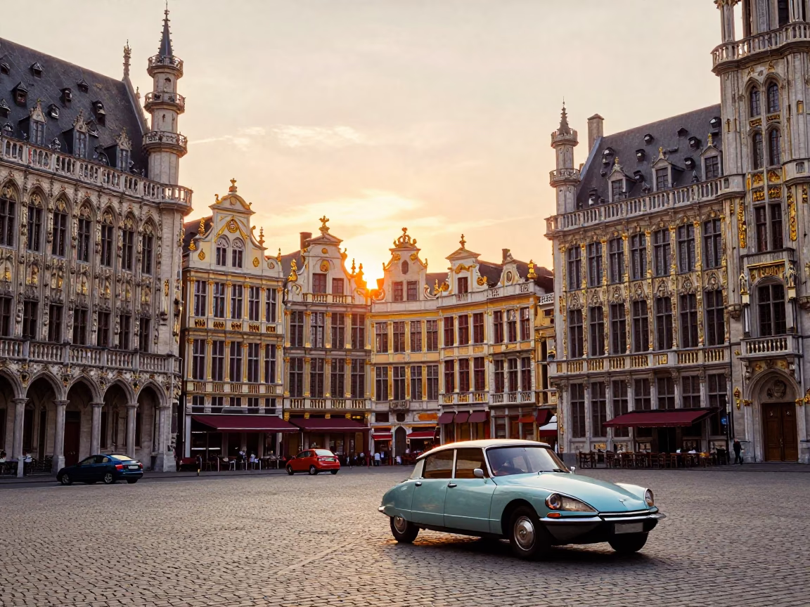 Colorful 1960s Brussels Street Scene at Sunset with Vintage Cars and Cobblestone Architecture in in Brussels, Belgium