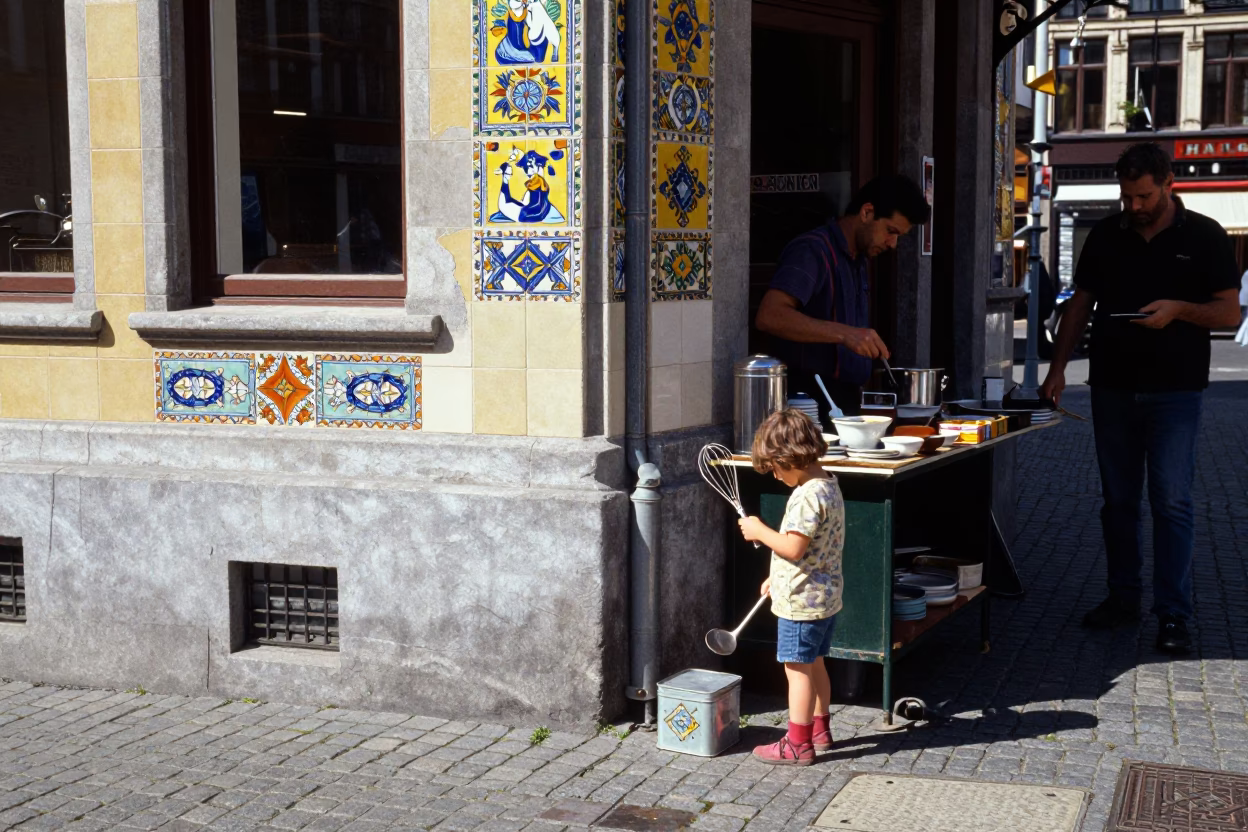 Colorful 1960s Brussels Street Scene with Ceramic Tiles and Kitchen Utensils in in Brussels, Belgium