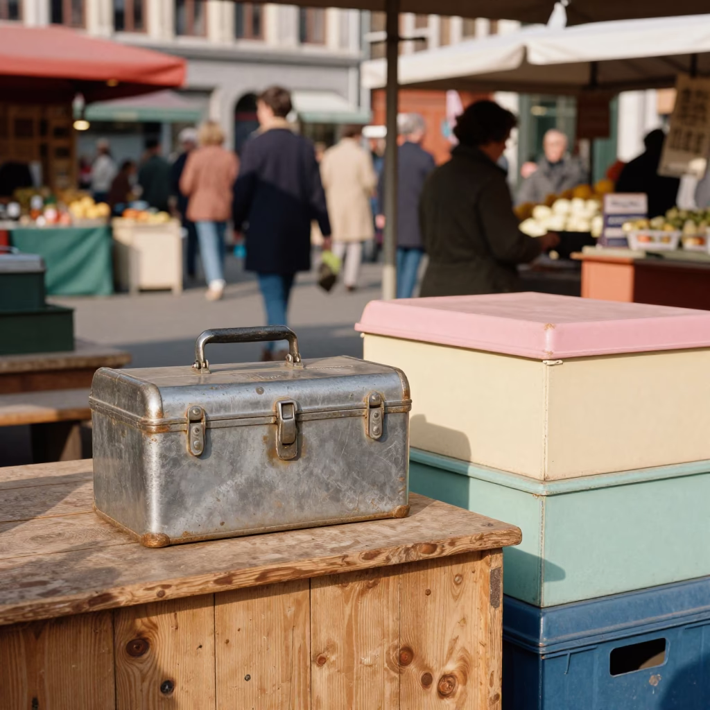 Colorful 1960s Brussels Street Scene with Vintage Toolbox and Macarons in in Brussels, Belgium