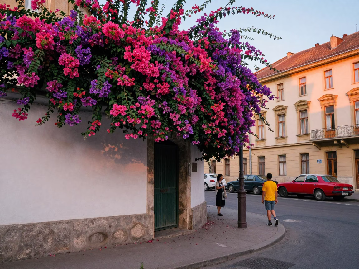 Colorful 1960s Budapest Street Scene with Bougainvillea and Vintage Details in in Budapest, Hungary