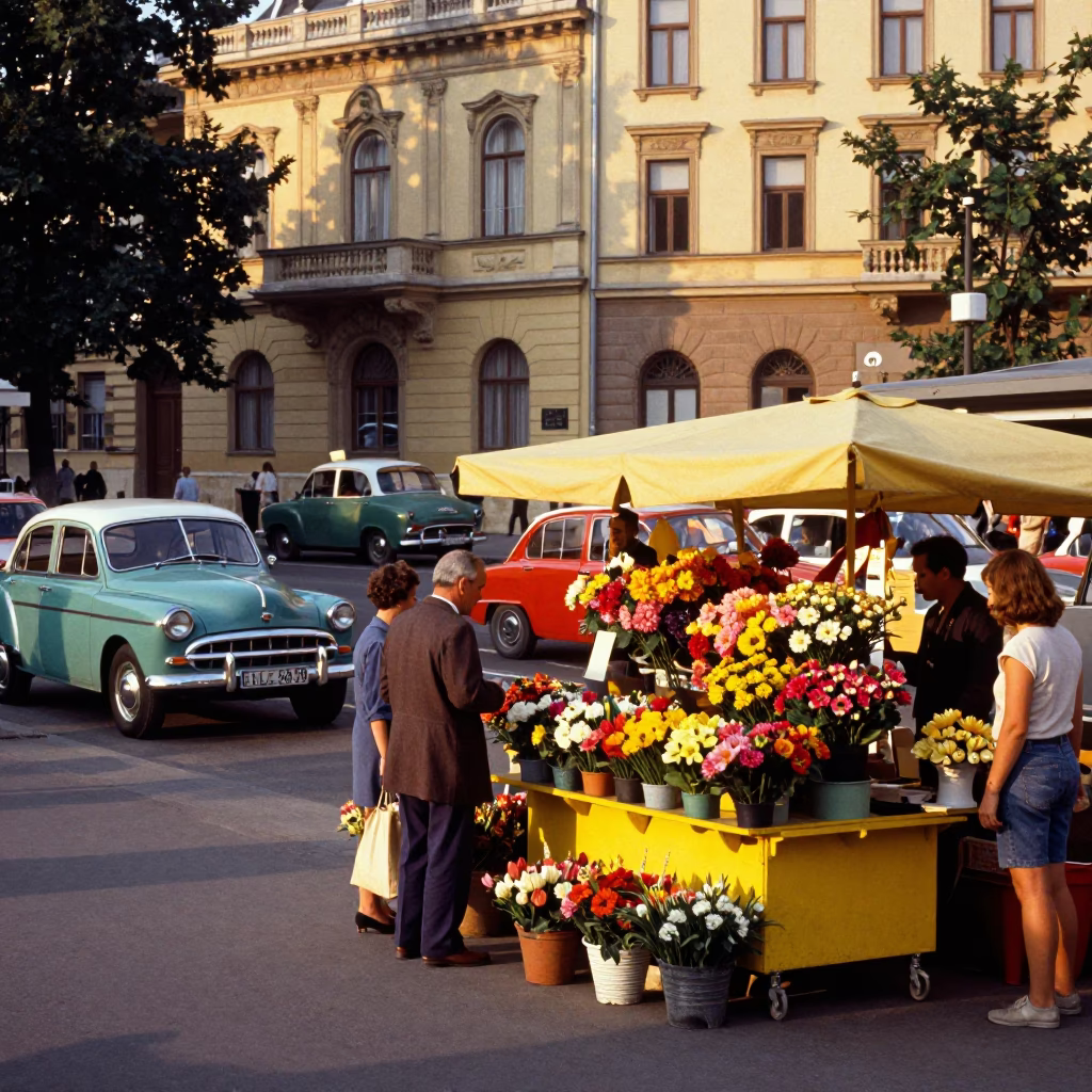 Colorful 1960s Budapest Street Scene with Vintage Cars and Yellow Flower Market Stalls in in Budapest, Hungary