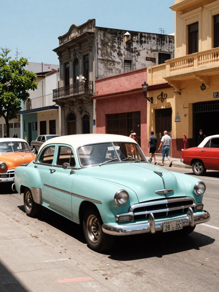 Colorful 1960s Buenos Aires Street Scene with Vintage Car and Balconies in in Buenos Aires, Argentina