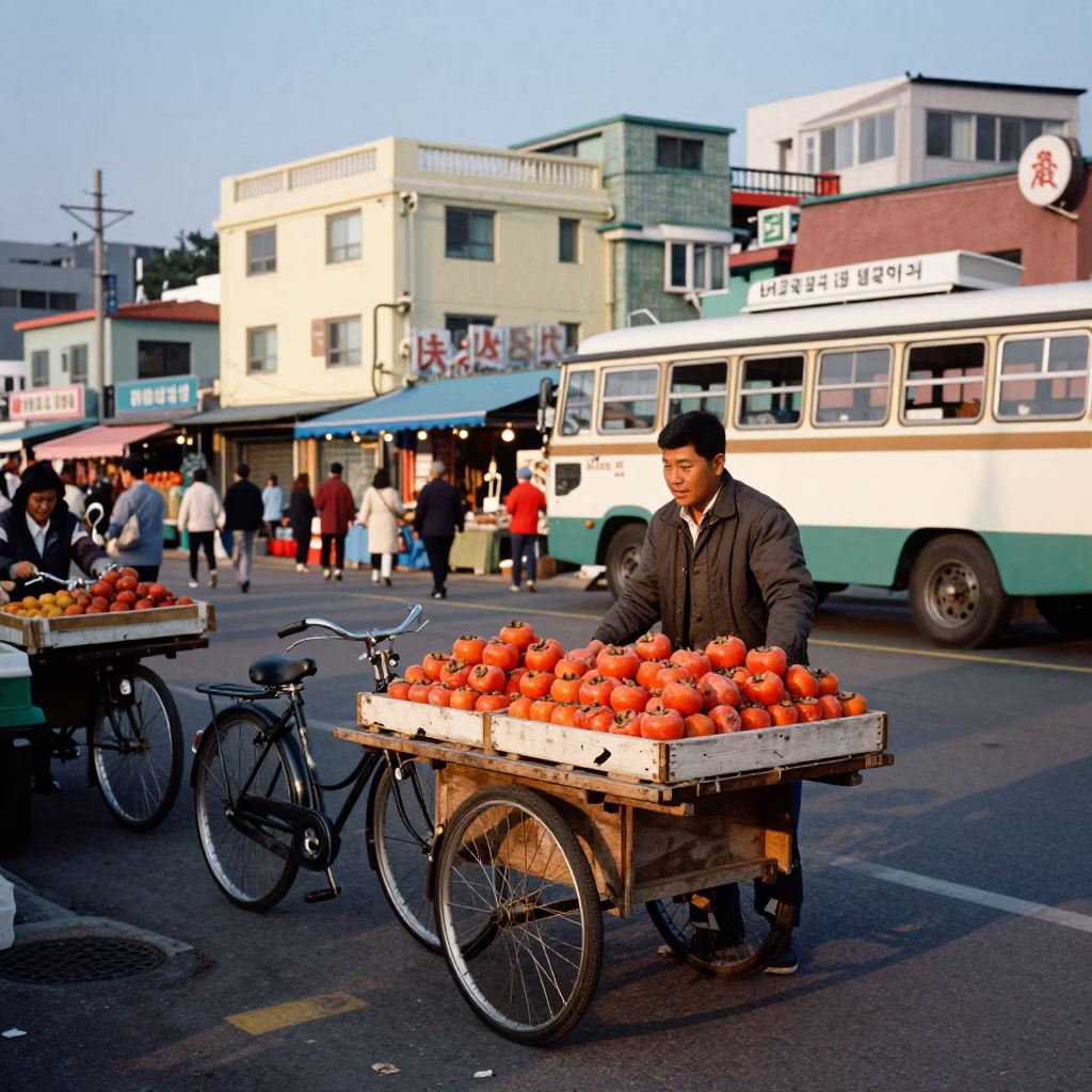 Colorful 1960s Busan Street Scene with Vintage Bicycle and Traditional Hanok Architecture in in Busan, South Korea