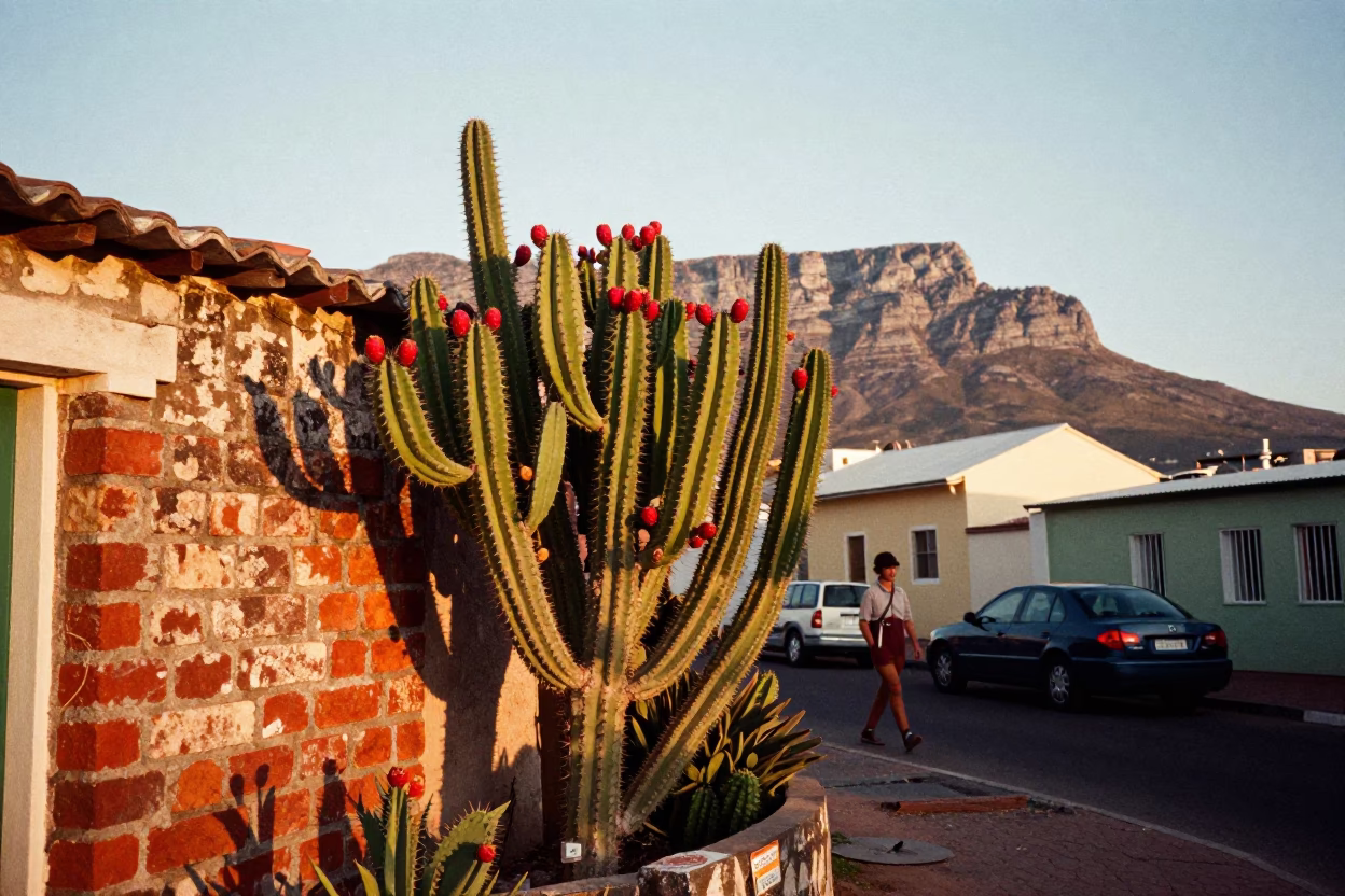 Colorful 1960s Cape Town Street Scene with Prickly Pear Cactus and Vintage Daily Life in in Cape Town, South Africa