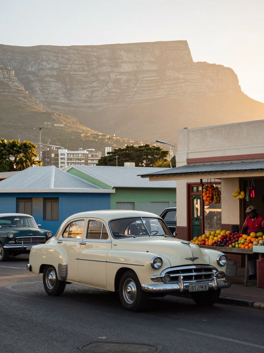 Colorful 1960s Cape Town Street Scene with Vintage Sedan and Market Stalls at Sunrise in in Cape Town, South Africa
