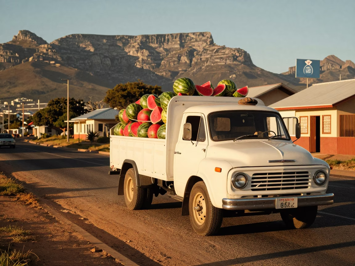 Colorful 1960s Cape Town Street Scene with Vintage Truck and Watermelons at Sunset in in Cape Town, South Africa