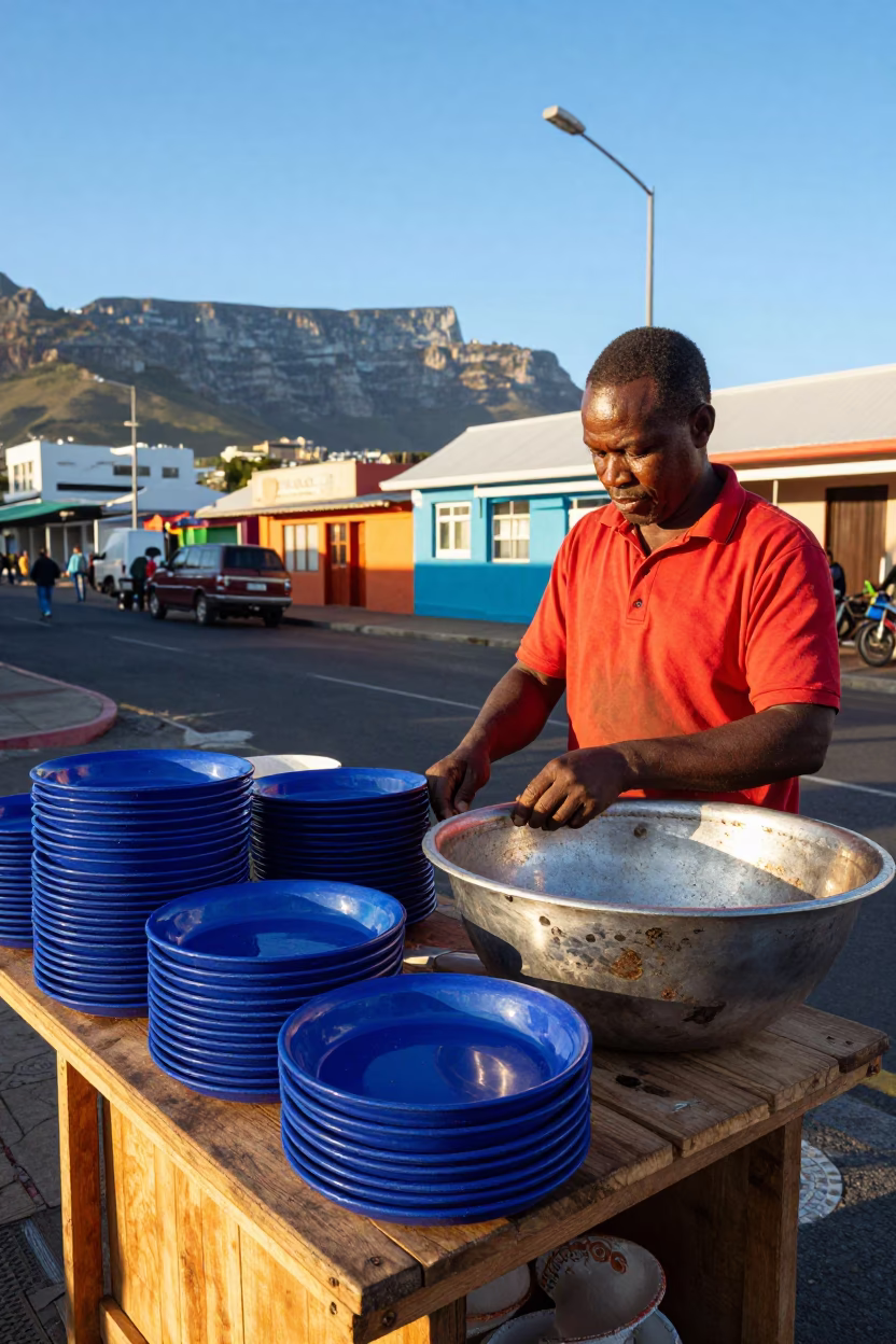 Colorful 1960s Cape Town Street Vendor with Stacked Plates and Jam Jars in in Cape Town, South Africa