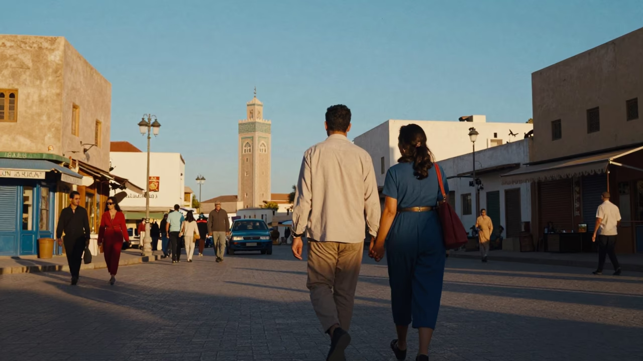 Colorful 1960s Casablanca Street Scene with Couple Walking in Late Afternoon Light in in Casablanca, Morocco
