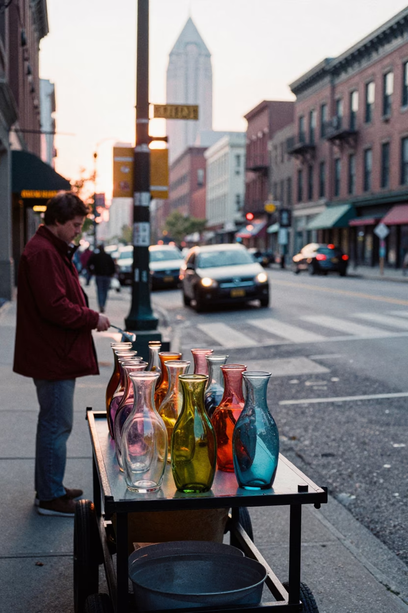 Colorful 1960s Chicago Street Scene with Glass Carafe and Bookends at First Light in in Chicago, Illinois, United States