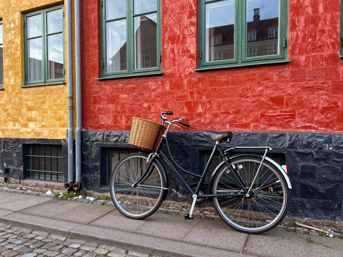 Colorful 1960s Copenhagen Street Scene with Vintage Bicycle and Tulips in in Copenhagen, Denmark
