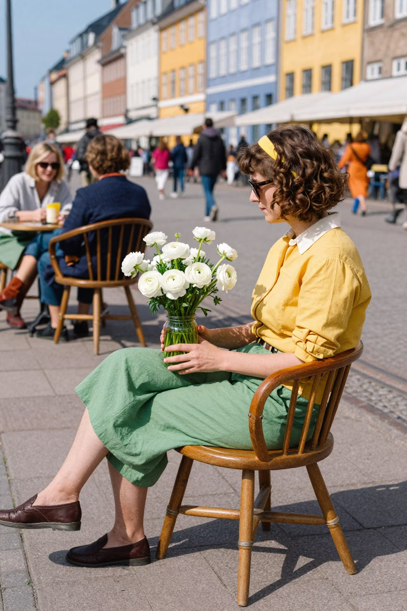 Colorful 1960s Copenhagen Street Scene with Vintage Spindle Chair and Ranunculus Bouquet in in Copenhagen, Denmark